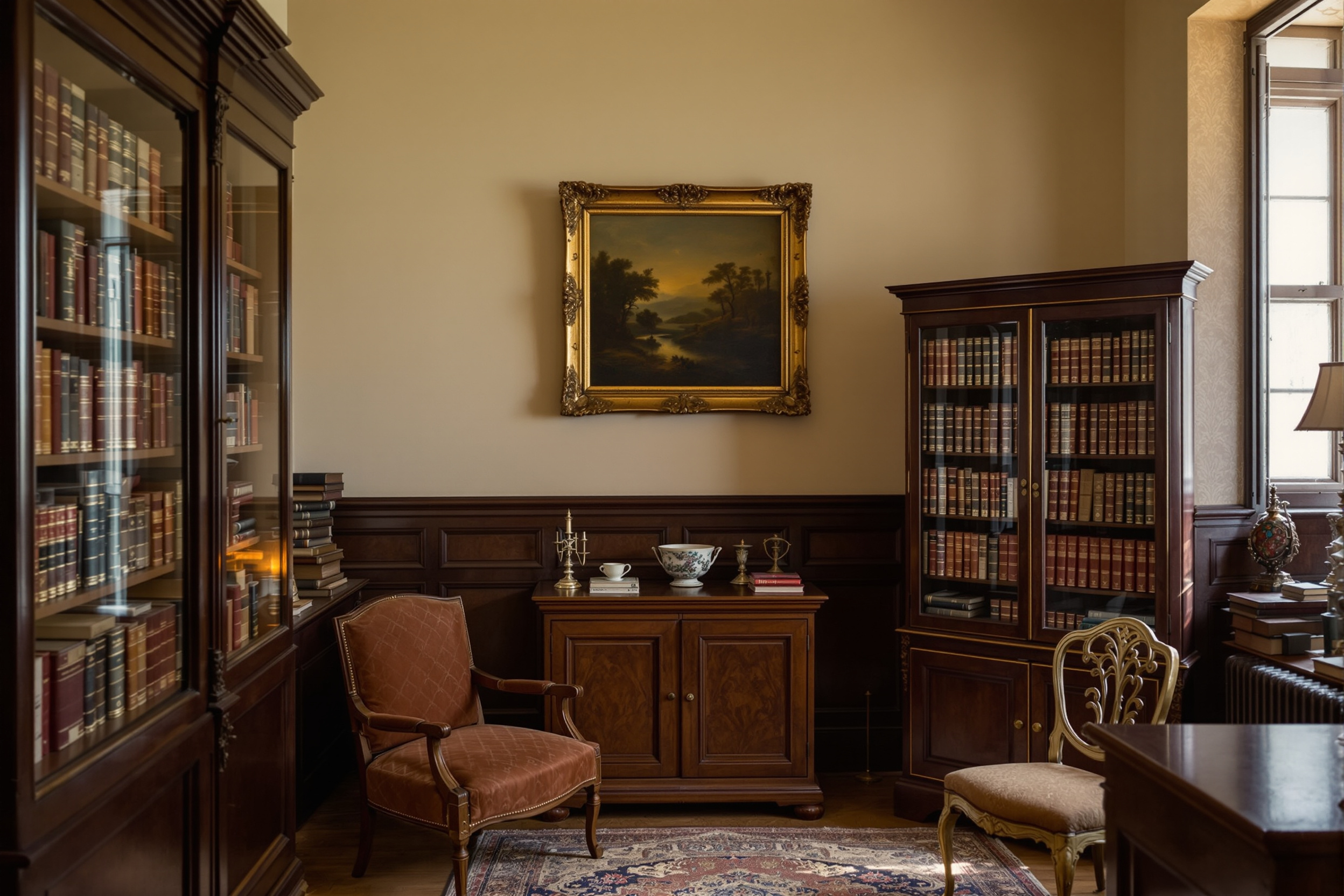 Cabinet of antique books in fine bindings in a rare-book room