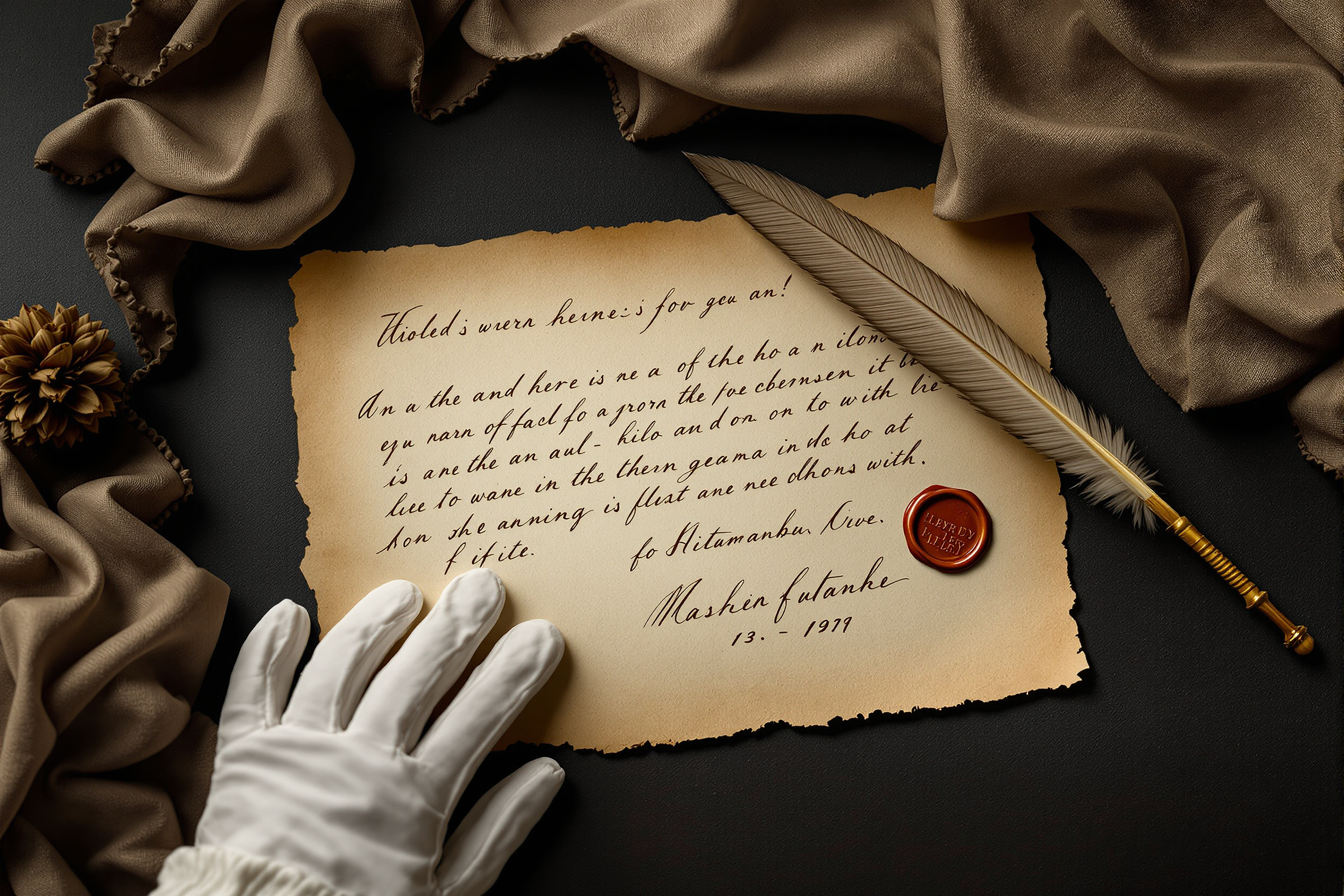 Historic autograph letter in brown ink with a wax seal and quill