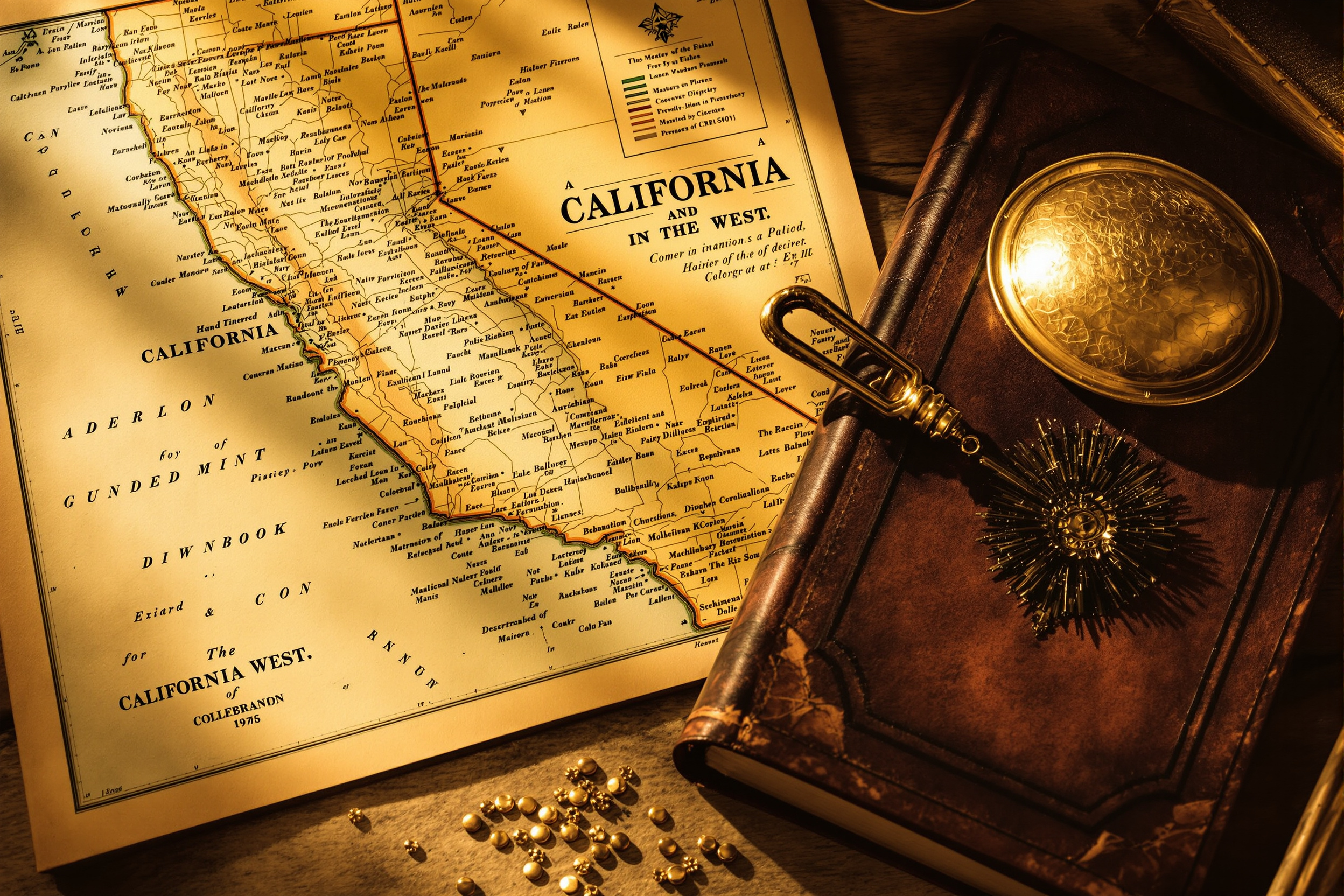 Hand-tinted antique map of the Pacific coast with an exploration volume