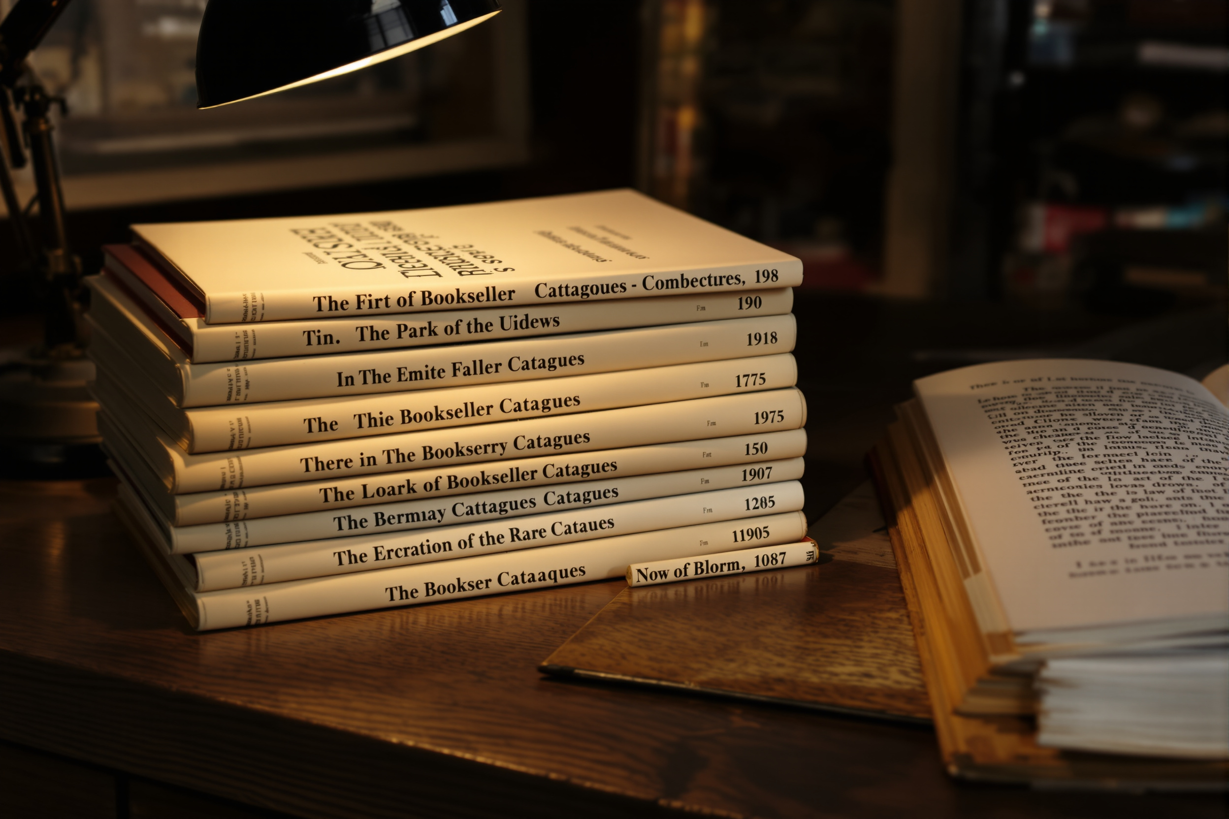 A stack of letterpress-printed rare-book catalogues beside an open book