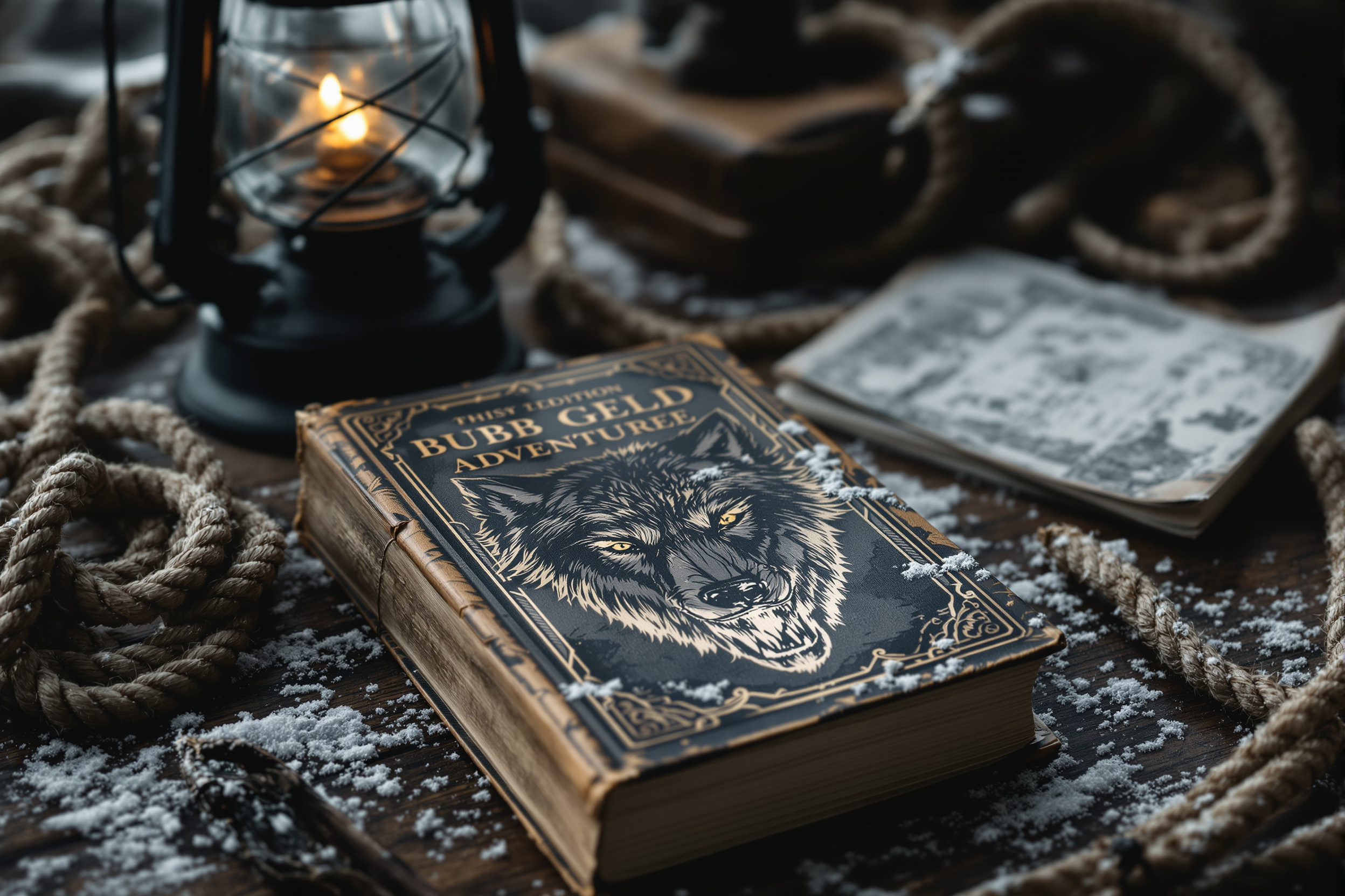 Weathered adventure first edition with ship’s lantern and rope