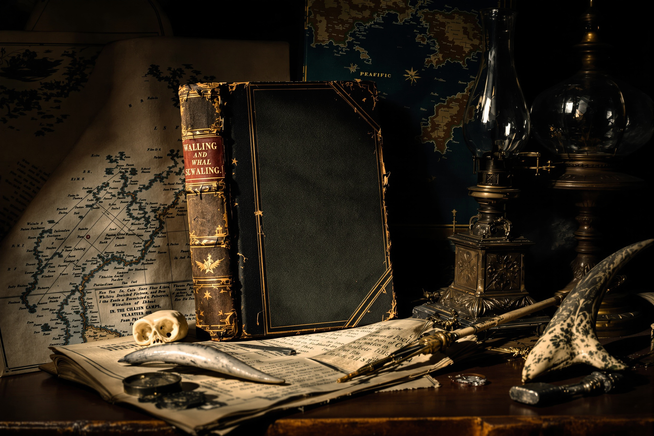 Nineteenth-century whaling still life with a cloth-bound novel and scrimshaw