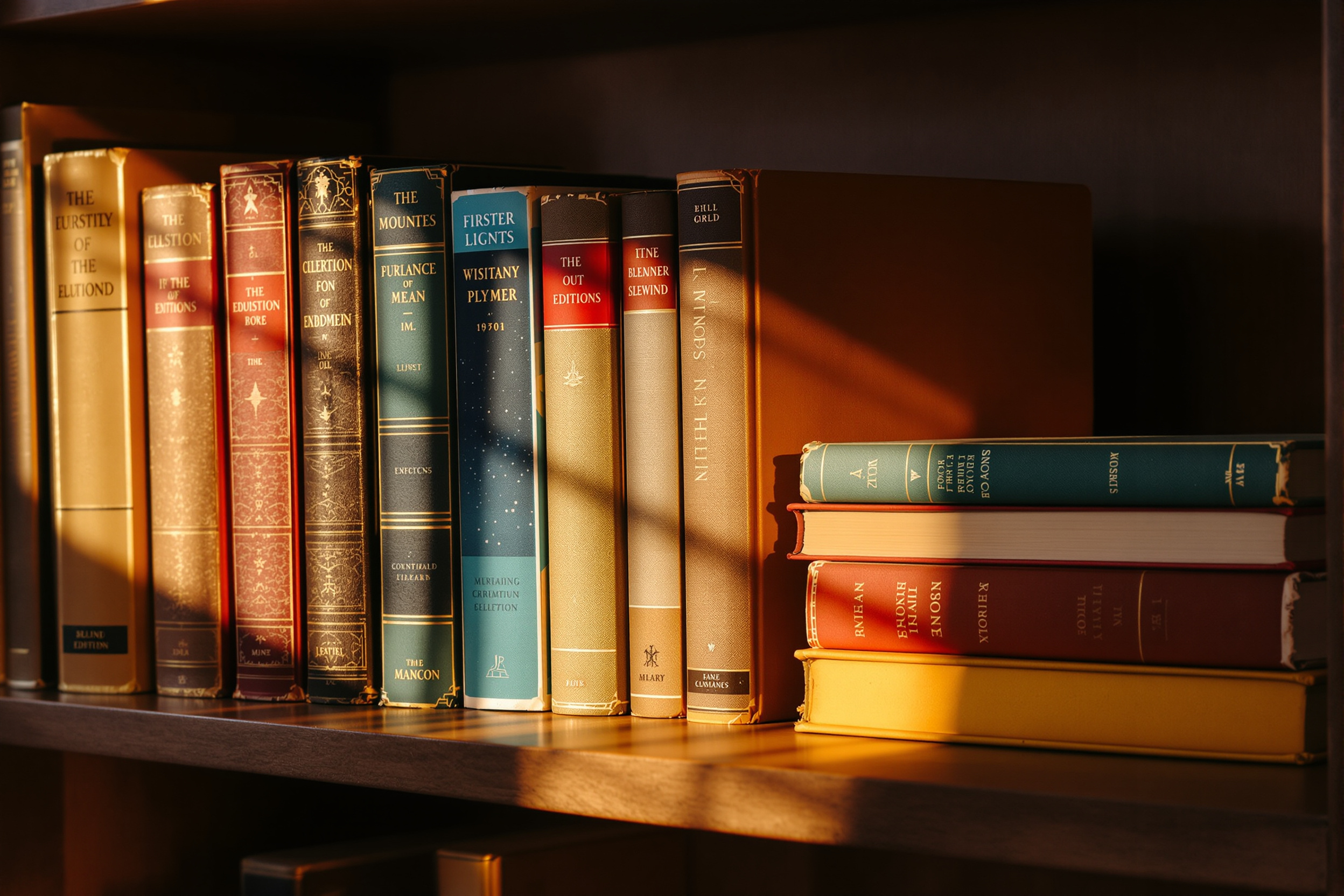Twentieth-century first editions in bright collectible dust jackets on a shelf