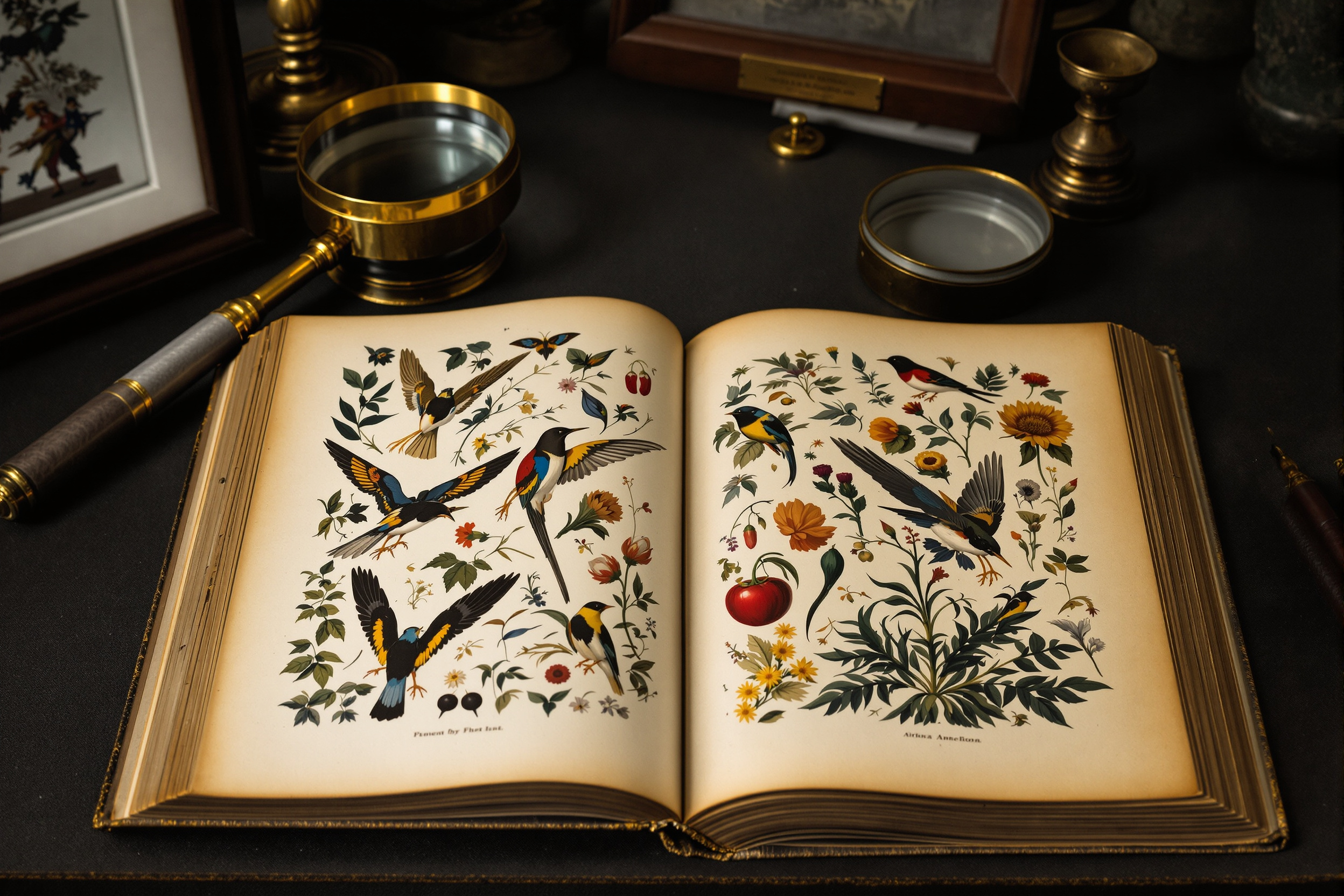 Hand-colored antique natural-history plate of birds and botanical specimens