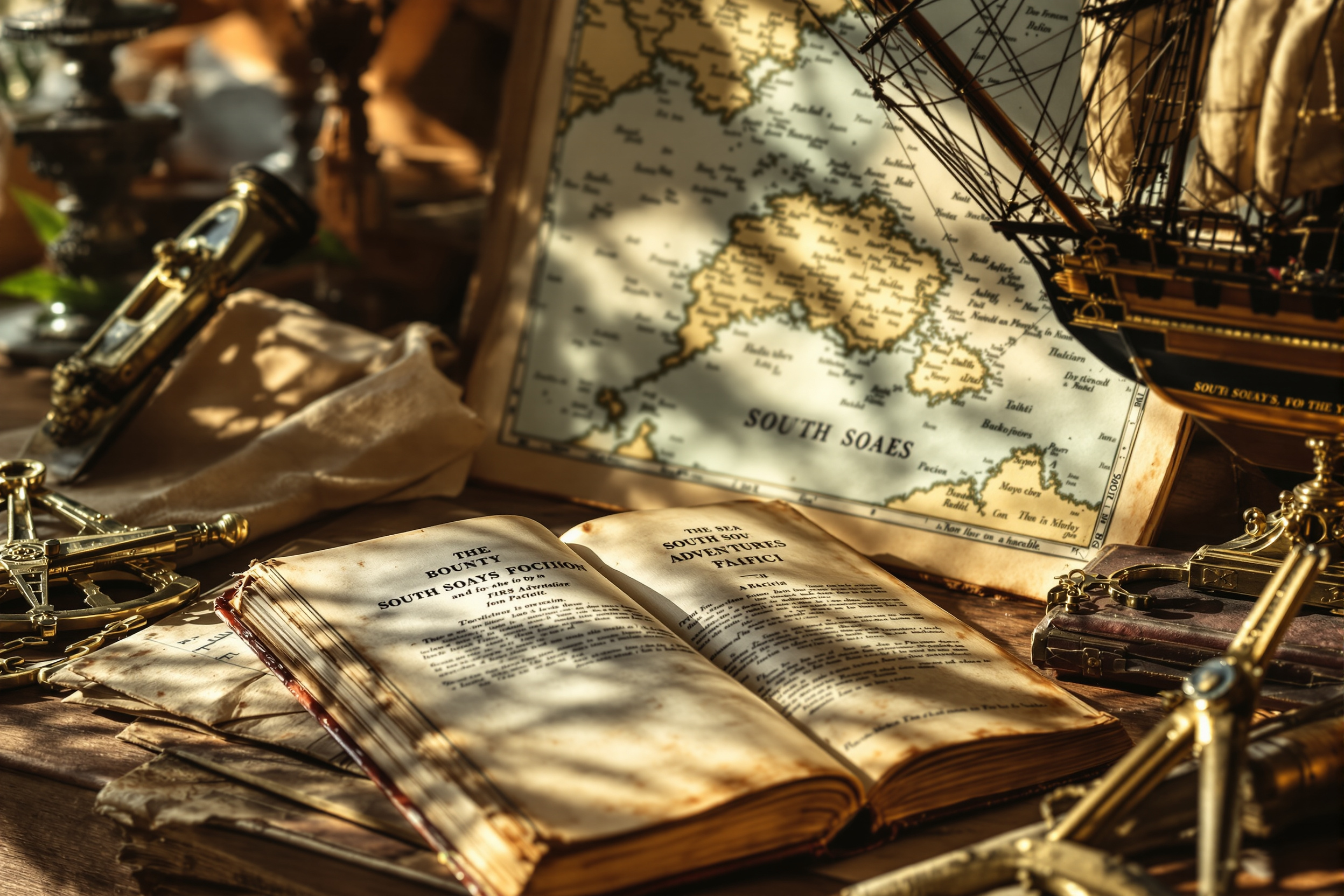 South Seas maritime still life with a sea-adventure novel, chart and sextant