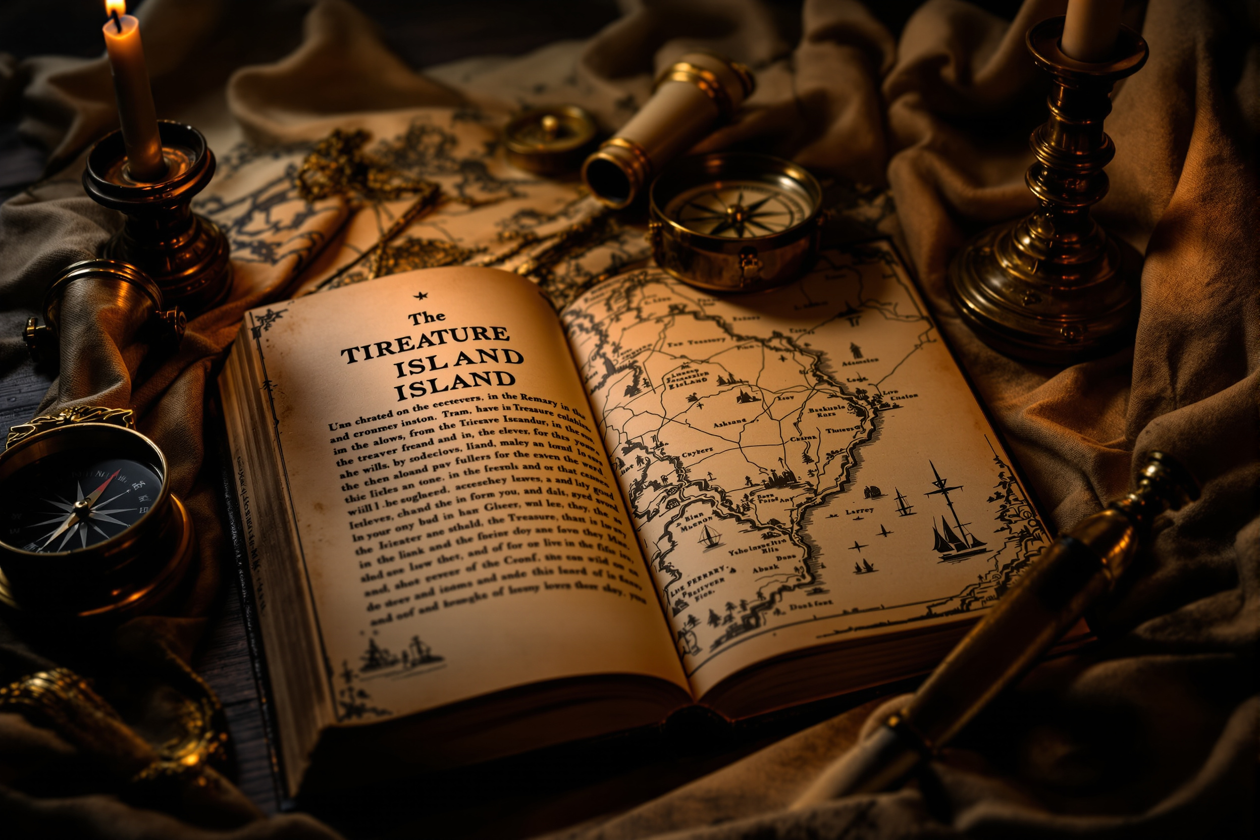 Adventure book open beside a hand-drawn treasure map and brass compass