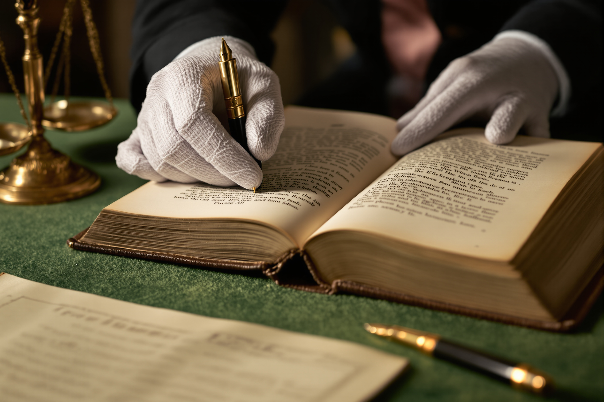 Hands examining an antique book with a loupe during appraisal