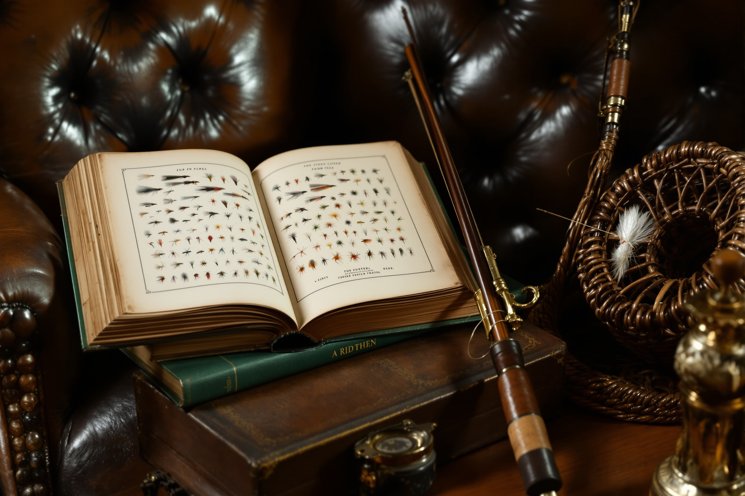 Antique angling book with hand-colored plate, fly rod and wicker creel